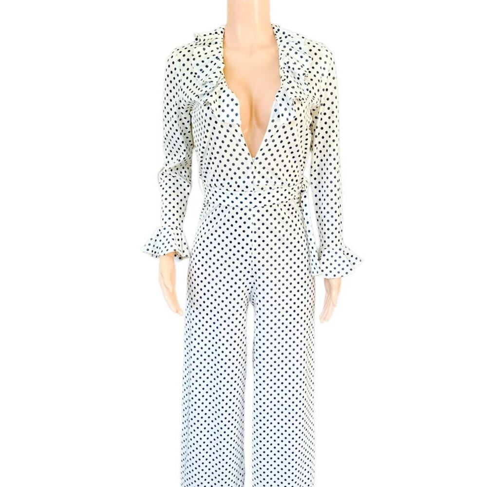 Vintage 70s Caron Polka Dot Jumpsuit Bell Sleeves Wide Leg Ruffle Size Medium